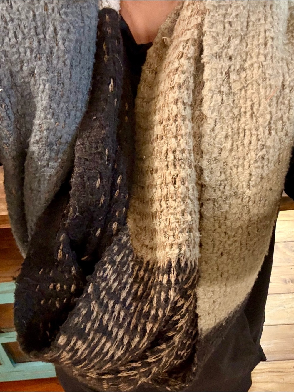 Vintage Colorblock Knit Infinity Scarf Gray Cream Black Boho